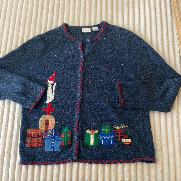 Erika Blue Knit with Red Trim Ugly Christmas Sweater Vintage Cat - Picture 5 of 8
